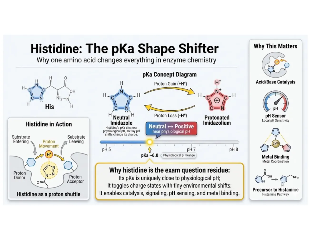 A multi-panel infographic on histidine: its imidazole pKa near 6 lets it toggle charge, making it the workhorse of acid-base catalysis, pH sensing, and metal binding.