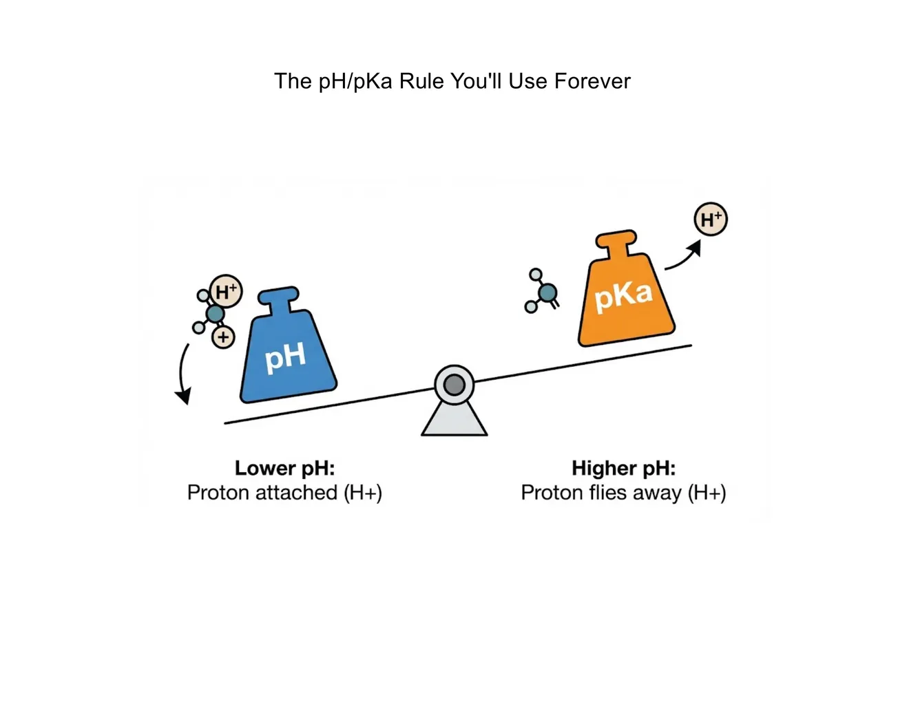 A seesaw balancing weights labeled pH and pKa; the proton sits on the lower side.