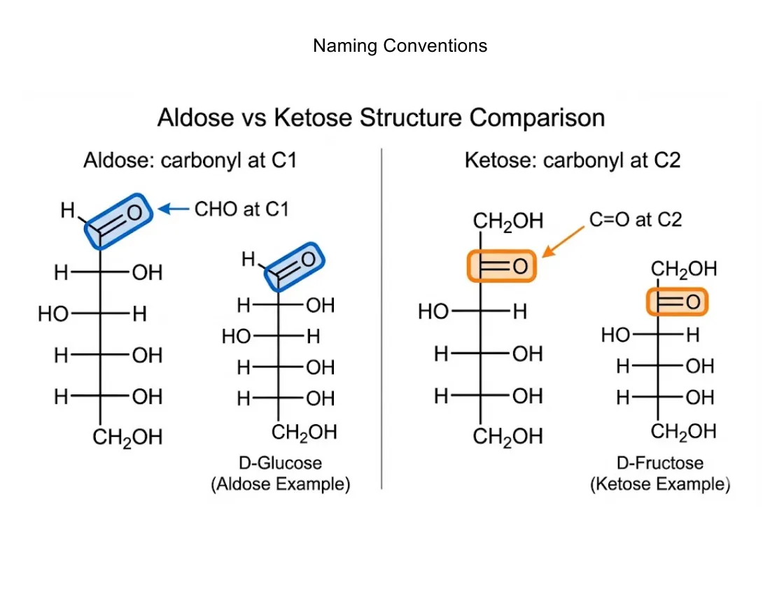 Fischer projections contrasting an aldose (carbonyl at C1, glucose) with a ketose (carbonyl at C2, fructose).