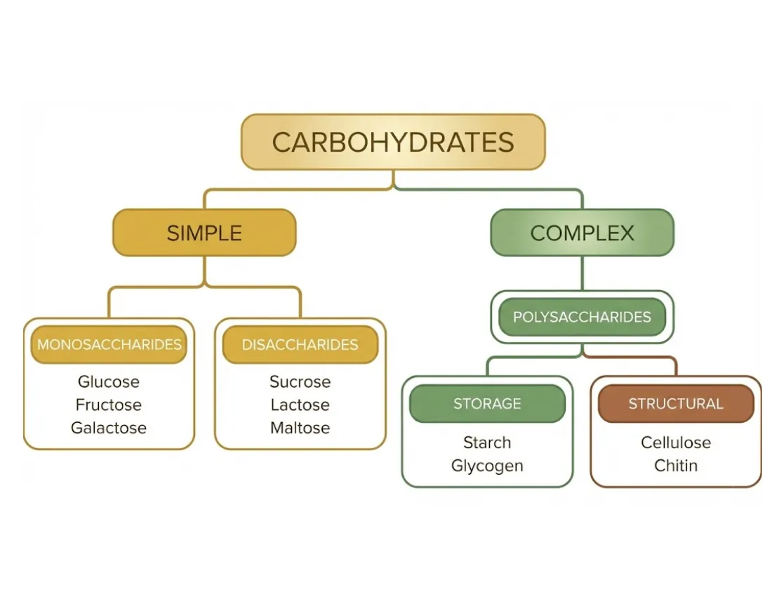 A tree splitting carbohydrates into simple (monosaccharides, disaccharides) and complex (polysaccharides: storage vs structural).