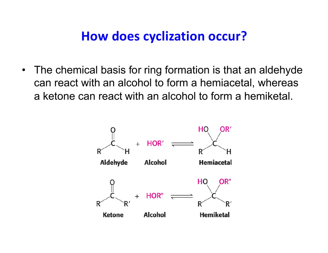 The chemistry of ring formation: an aldehyde + alcohol → hemiacetal, a ketone + alcohol → hemiketal.