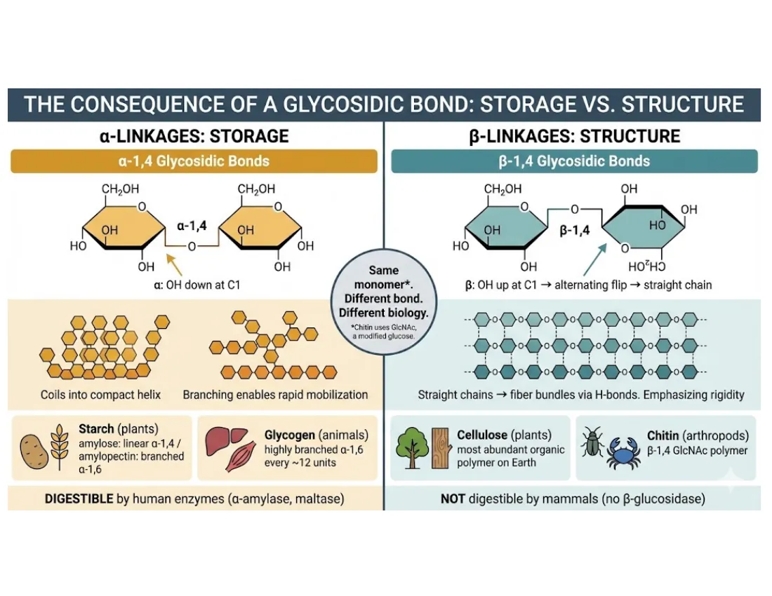 α-1,4 linkages give coiled, digestible starch/glycogen (storage); β-1,4 linkages give straight, hydrogen-bonded cellulose (structure) from the same glucose monomer.