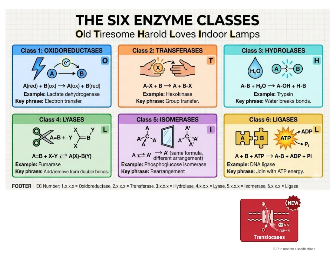 A six-panel summary of the enzyme classes — oxidoreductases, transferases, hydrolases, lyases, isomerases, ligases — with the mnemonic 'Old Tiresome Harold Loves Indoor Lamps' and a footer adding translocases as the seventh class.