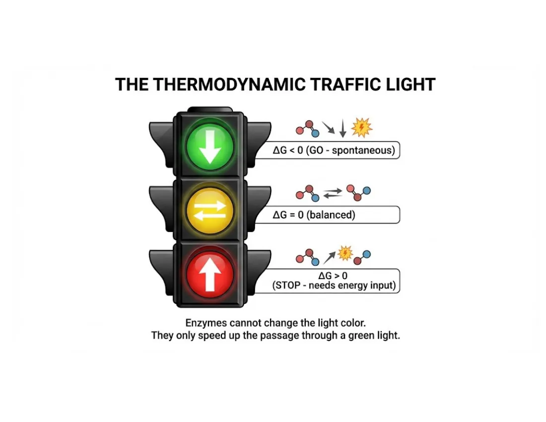 A traffic light mapping the sign of ΔG: green (ΔG < 0, spontaneous), yellow (ΔG = 0, equilibrium), red (ΔG > 0, needs energy), with the note that enzymes cannot change the light color.