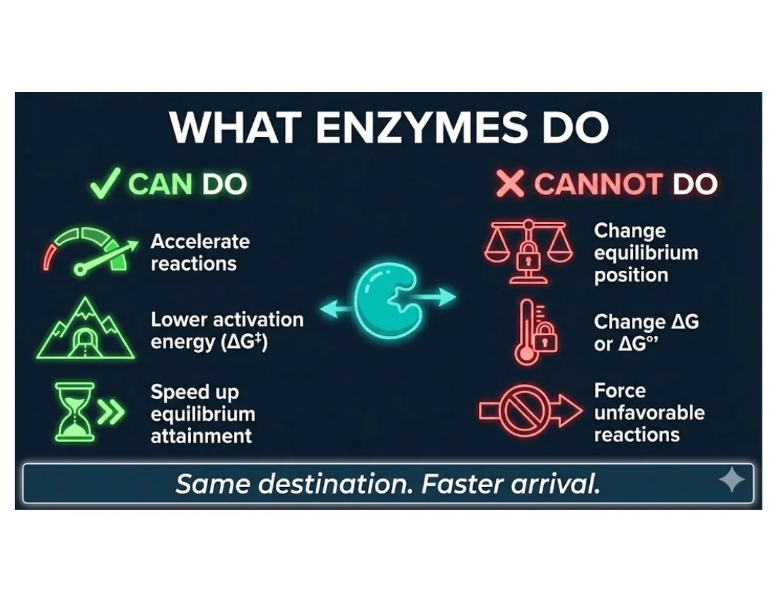 A can-do / cannot-do panel: enzymes accelerate reactions, lower activation energy, speed the approach to equilibrium; they cannot shift equilibrium, change ΔG, or force an unfavorable reaction. Tagline: 'same destination, faster arrival.'