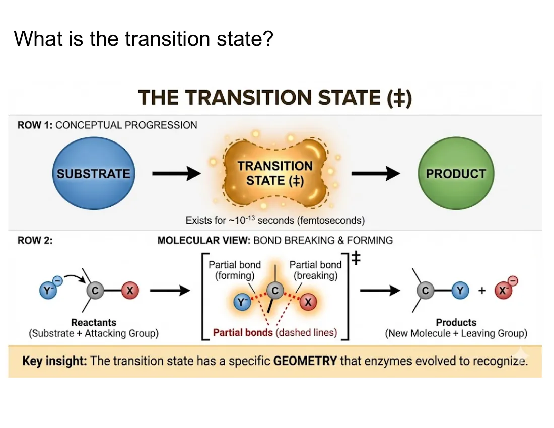 Two rows: a conceptual arc of substrate → transition state → product, and a molecular view of partial bonds forming and breaking, with the key insight that the transition state has a specific geometry enzymes evolved to recognize.