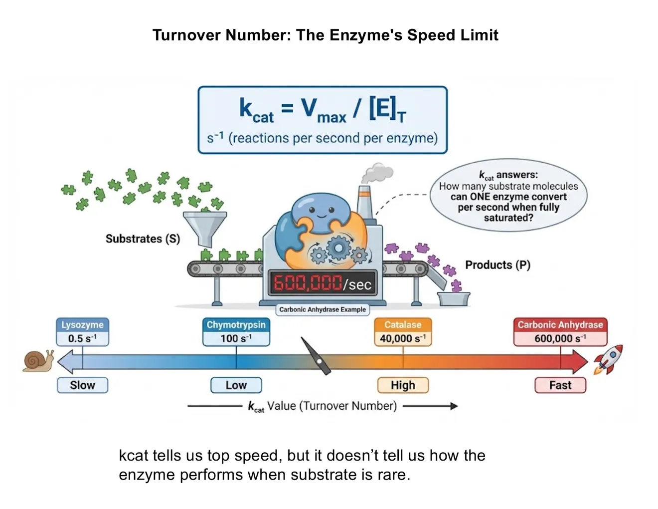 Infographic for kcat = Vmax/[E]T with a turnover scale from lysozyme (~0.5/s) to carbonic anhydrase (~600,000/s).