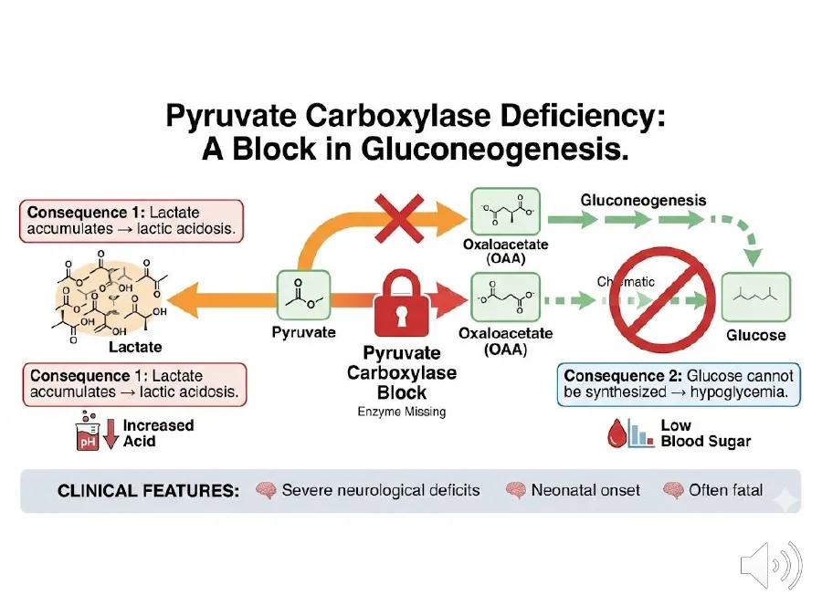 Loss of pyruvate carboxylase blocks oxaloacetate formation, so pyruvate backs up to lactate (lactic acidosis) and no glucose is made (hypoglycemia).