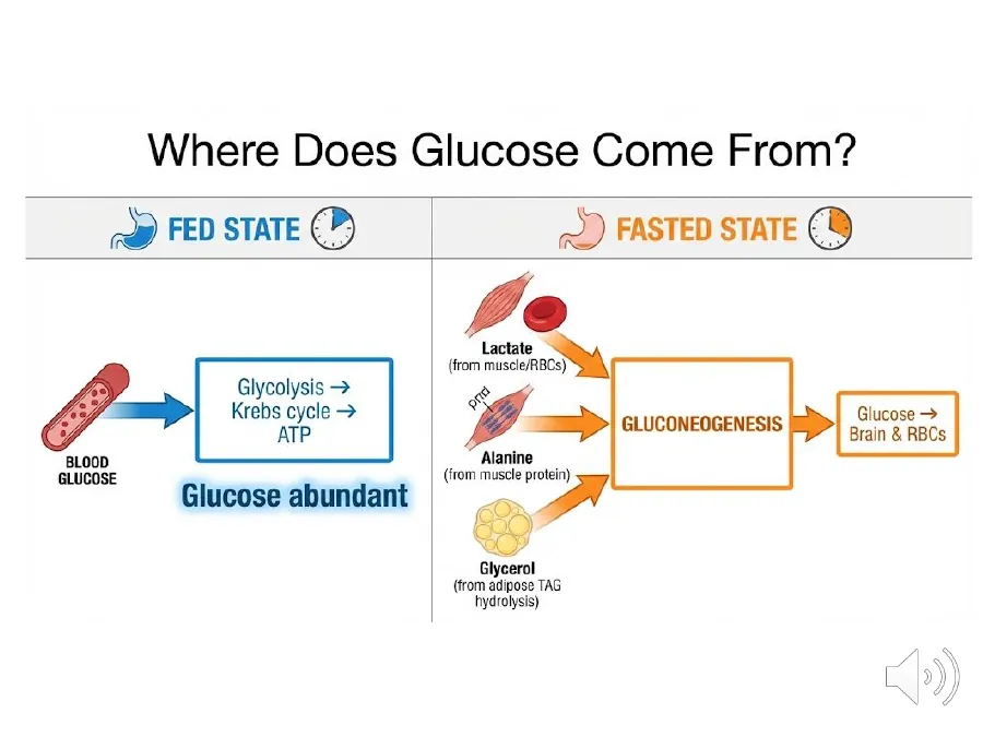 Two supply chains: in the fed state cells burn glucose via glycolysis; in fasting the liver makes glucose from lactate, alanine, and glycerol.