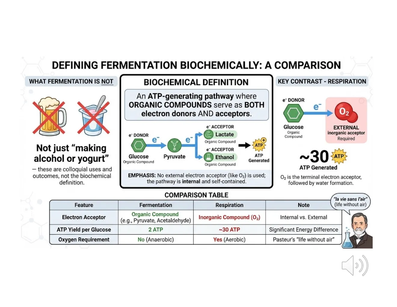 A comparison diagram defining fermentation (organic molecule as both electron donor and acceptor, no external acceptor) versus aerobic respiration.