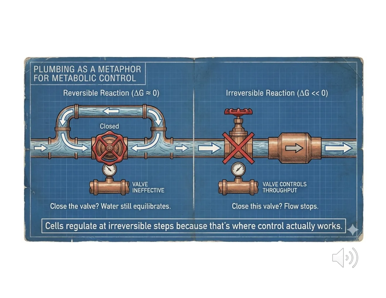 A plumbing-valve analogy: reversible reactions are adjustable valves; irreversible reactions are one-way valves where regulation actually works.