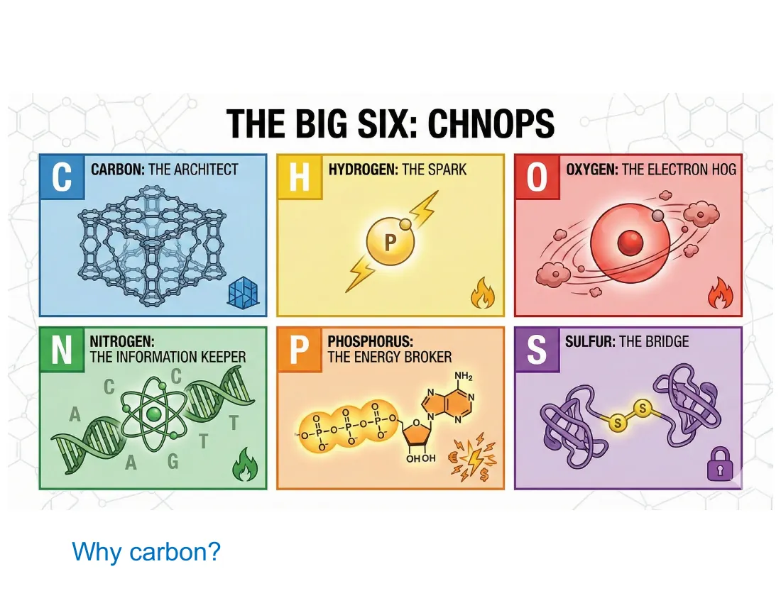Six element cards — carbon (architect), hydrogen (spark), oxygen (electron hog), nitrogen (information keeper), phosphorus (energy broker), sulfur (bridge) — each with its biological role.