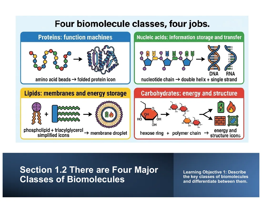 Four panels: proteins (folded amino-acid chains, machines), nucleic acids (DNA/RNA, information), lipids (phospholipids forming membranes), carbohydrates (sugars for energy and structure).