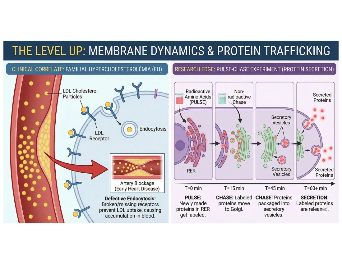 Two panels: a clinical correlate showing failed LDL-receptor endocytosis in familial hypercholesterolemia, and a pulse-chase experiment tracing newly made protein from rough ER to Golgi to secretion over time.