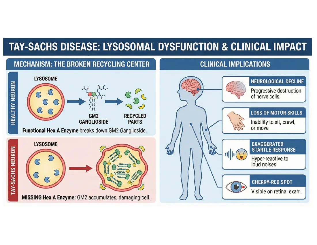 A two-panel schematic contrasting a healthy lysosome (Hex A enzyme breaking down GM2 ganglioside) with a Tay-Sachs lysosome (missing Hex A, ganglioside accumulating), beside the clinical consequences.