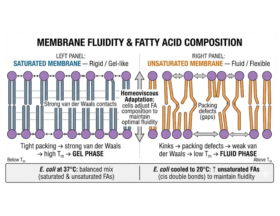 Saturated tails packing into a gel and unsaturated kinks keeping a membrane fluid; E. coli raising its unsaturated-fat fraction when chilled.