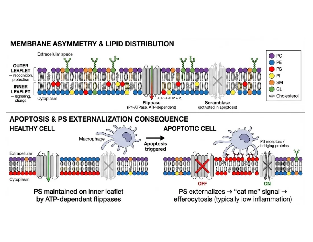A bilayer with PC and sphingomyelin enriched in the outer leaflet and PE, PS, PI inner; flippases maintaining asymmetry, scramblases exposing PS in apoptosis.