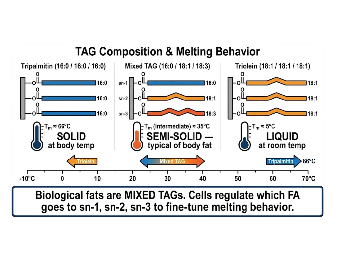 Three triacylglycerols compared: tripalmitin (all saturated, solid), triolein (all unsaturated, liquid), and a mixed TAG (semi-solid) like natural body fat.