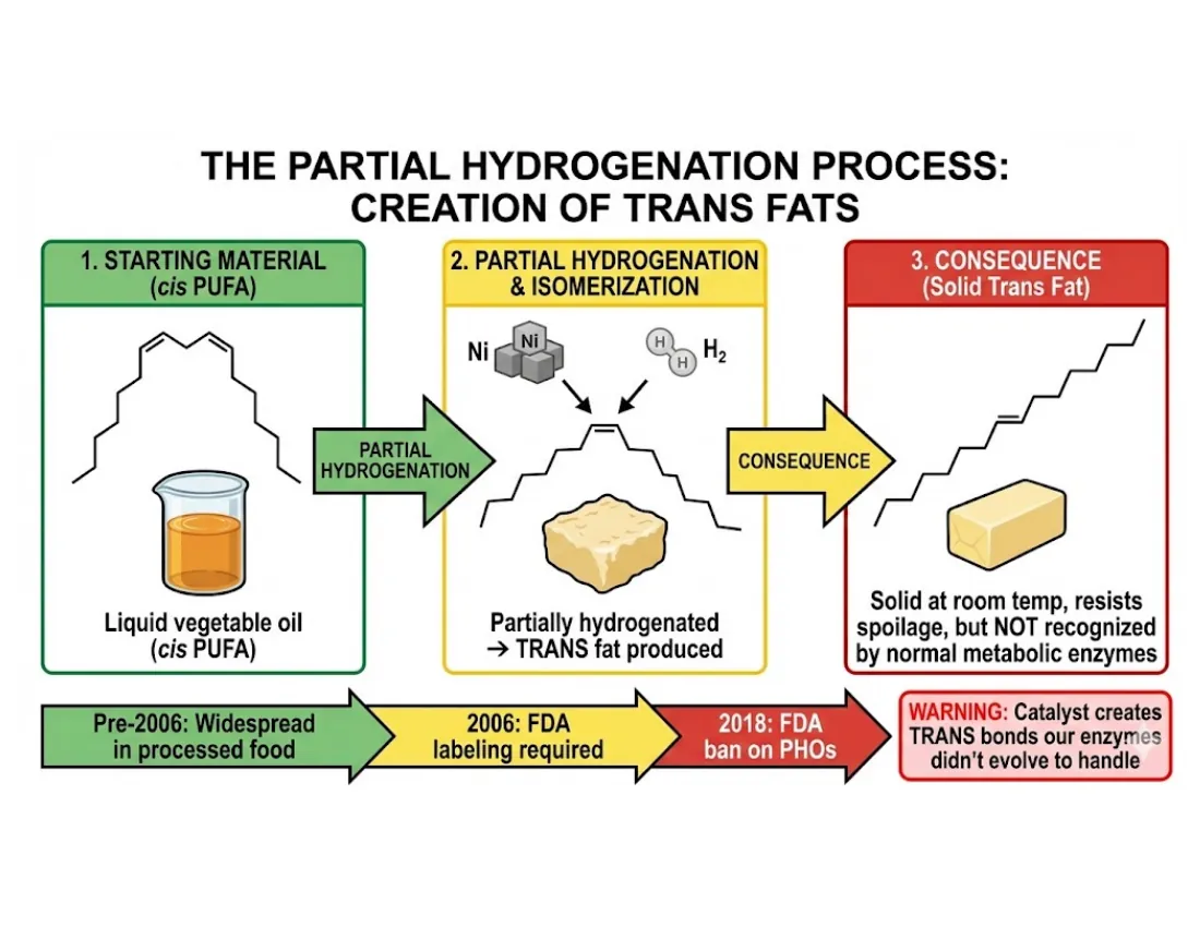 A reaction schematic: liquid cis-PUFA oil plus hydrogen over a nickel catalyst yields semi-solid fat with some double bonds isomerized from cis to trans.