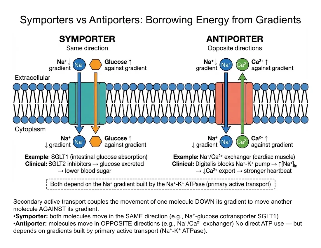 Secondary active transport: a symporter (SGLT1) moving glucose and sodium the same direction, and an antiporter (Na/Ca exchanger) moving them oppositely.