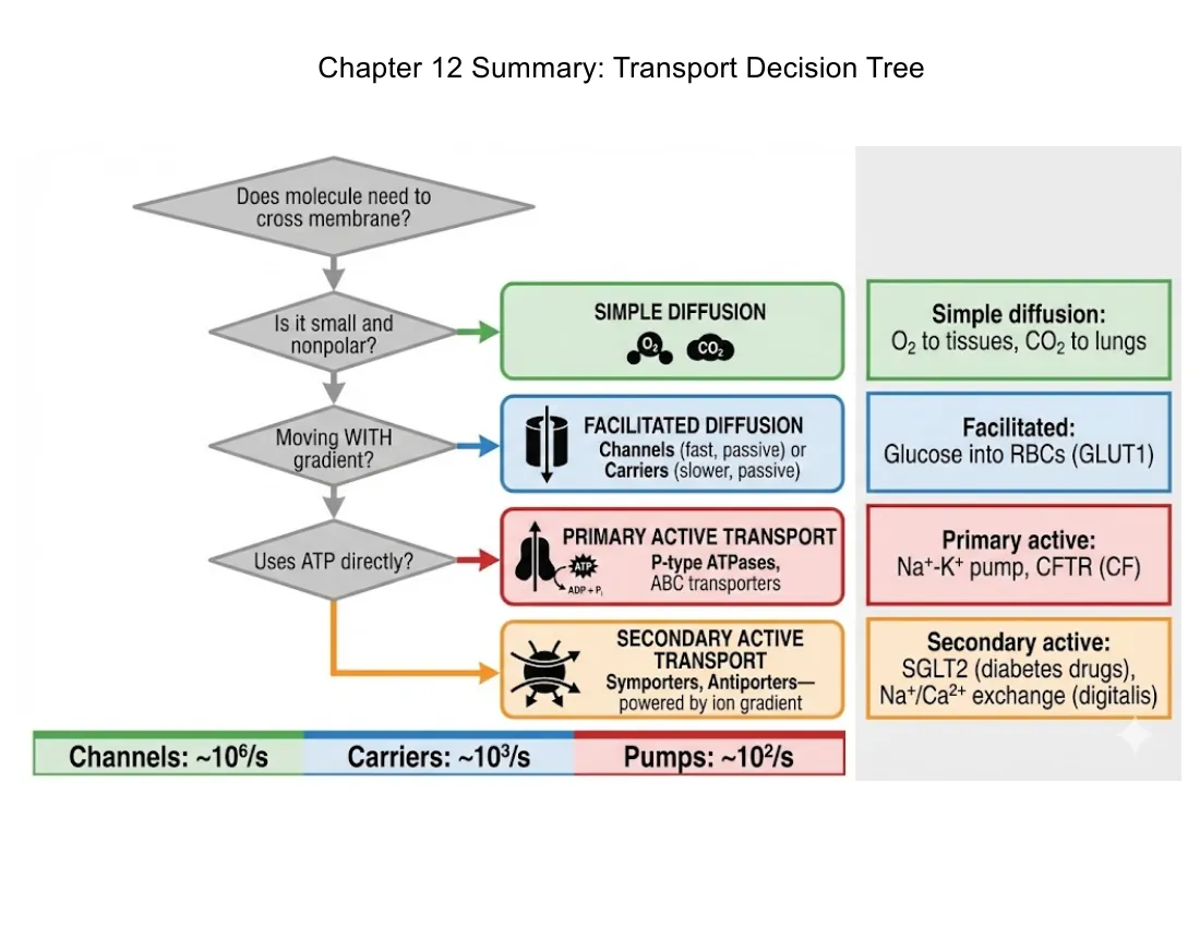 A flowchart for classifying any transport event: simple diffusion for small nonpolar molecules, then facilitated, then active and secondary active transport.