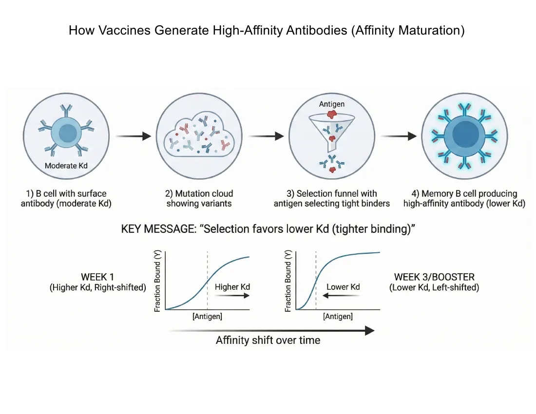 A four-step schematic of affinity maturation: a B cell, a cloud of mutations, antigen-driven selection, and a memory B cell making lower-Kd antibodies, with a graph of affinity rising over time.