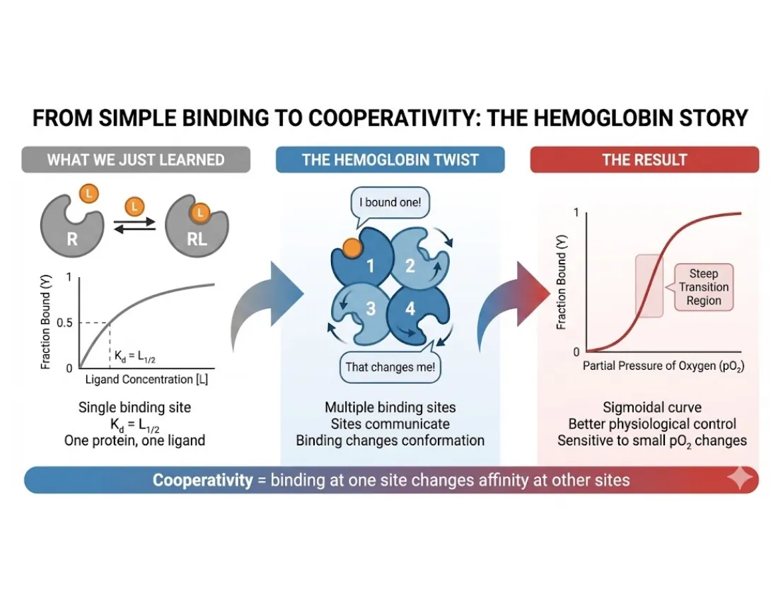 A three-panel transition: a single-site hyperbola, the hemoglobin twist (multiple sites that change conformation), and the resulting sigmoidal curve.