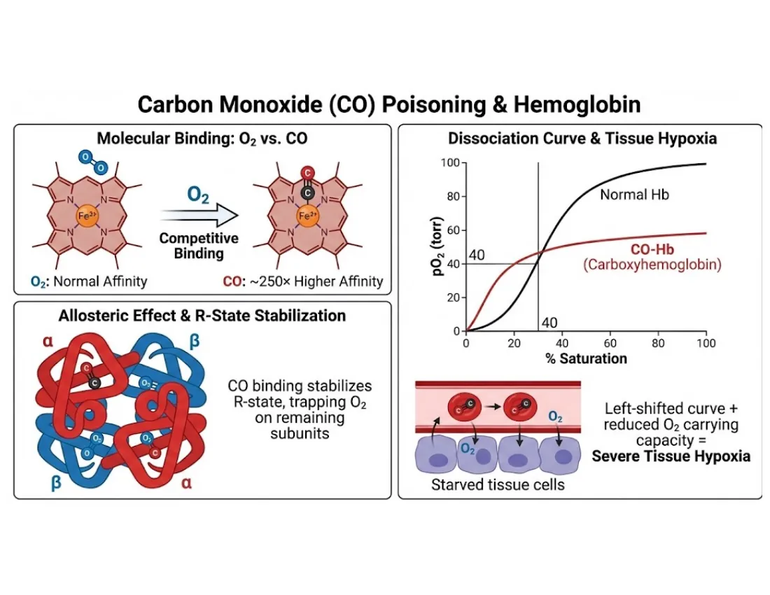A schematic of CO binding heme ~250× tighter than O₂, locking hemoglobin in the R state, left-shifting the curve, and producing tissue hypoxia despite normal pulse oximetry.