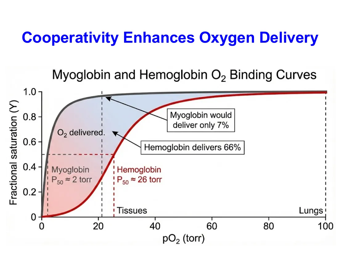 Myoglobin and hemoglobin O₂-binding curves with the lungs and tissue pO₂ marked: hemoglobin delivers 66% across the gap, a non-cooperative carrier only 7%.