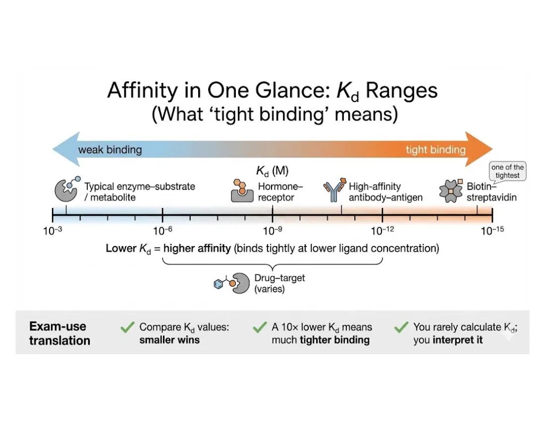 A number line of Kd values from millimolar (weak) to femtomolar (tight), labeled with enzyme-substrate, hormone-receptor, antibody-antigen, and biotin-streptavidin.
