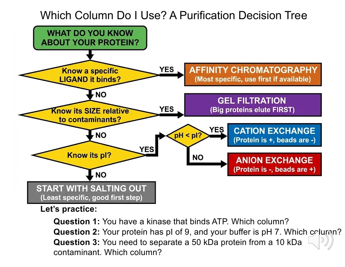 A decision tree for choosing a first chromatography column based on what you know about a protein: a known ligand leads to affinity, known size to gel filtration, known pI to ion exchange, nothing known to salting out.