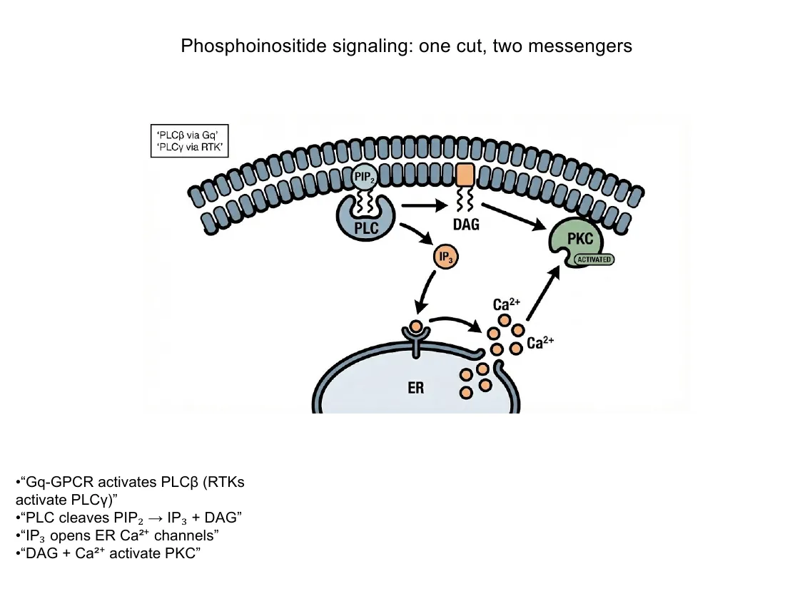 Phospholipase C cutting PIP2 into DAG (stays in the membrane) and IP3 (soluble, opens an ER calcium channel), together activating PKC.
