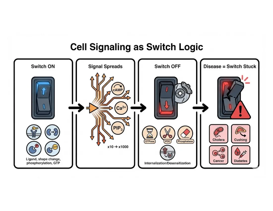 A schematic of a signaling switch flipping ON when a ligand binds, second messengers fanning out, and the OFF step via phosphatases and messenger-degrading enzymes.