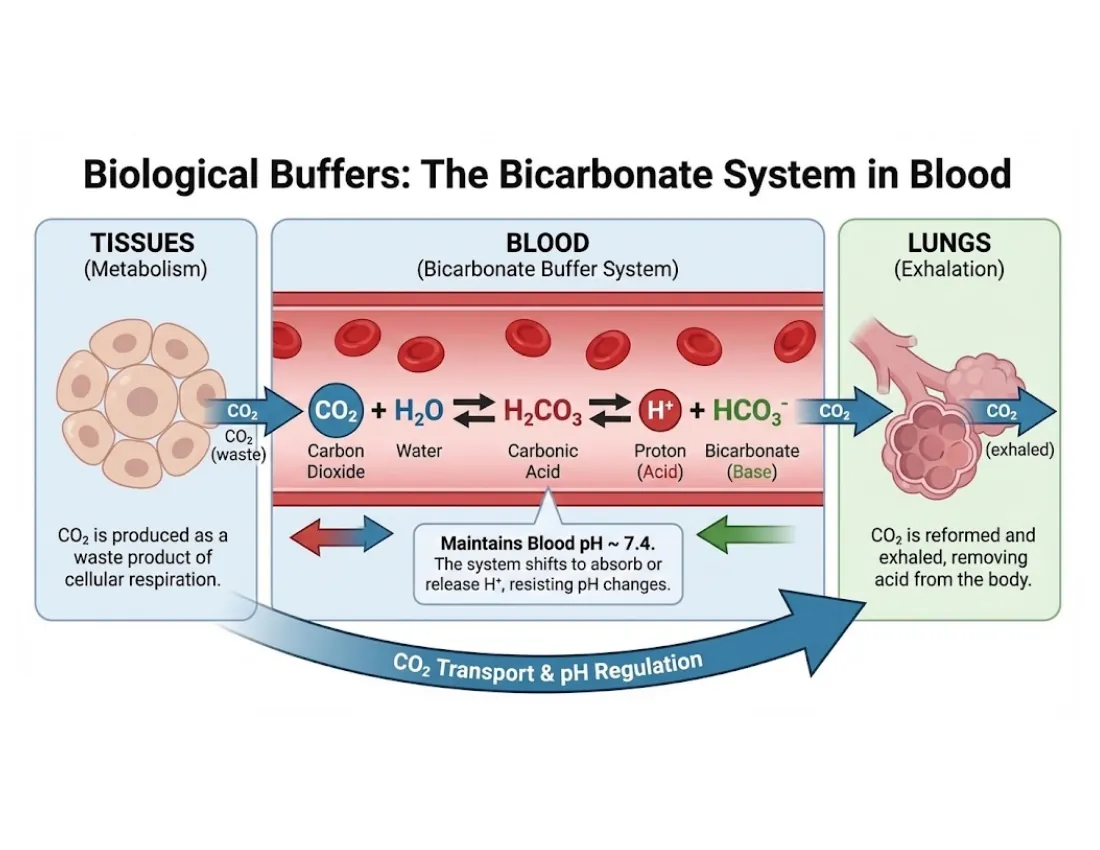 A tissues–blood–lungs schematic of the bicarbonate buffer: CO₂ from respiration becomes carbonic acid, which dissociates to H⁺ and bicarbonate, holding blood at pH 7.4, with lungs and kidneys controlling the two ends.