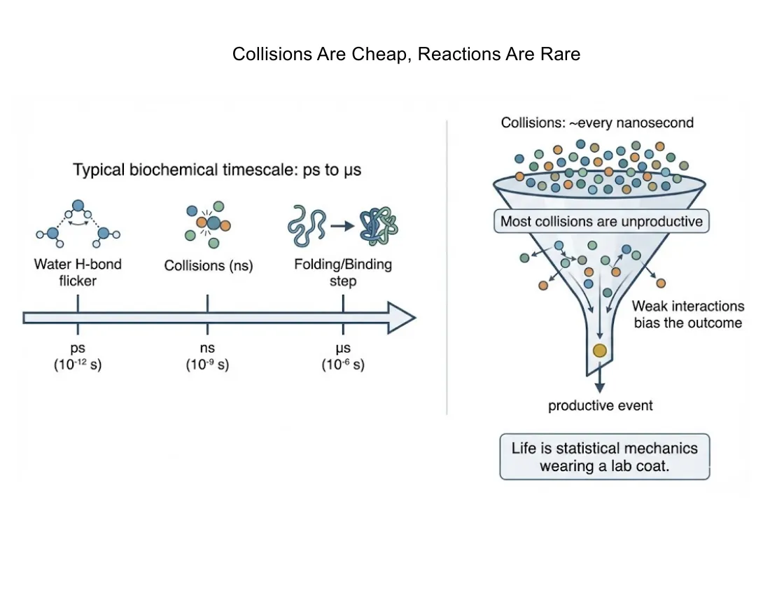 A timeline of biochemical timescales (picosecond H-bond flicker, nanosecond collisions, microsecond folding) beside a funnel showing that most collisions are unproductive and weak interactions bias the rare productive event.