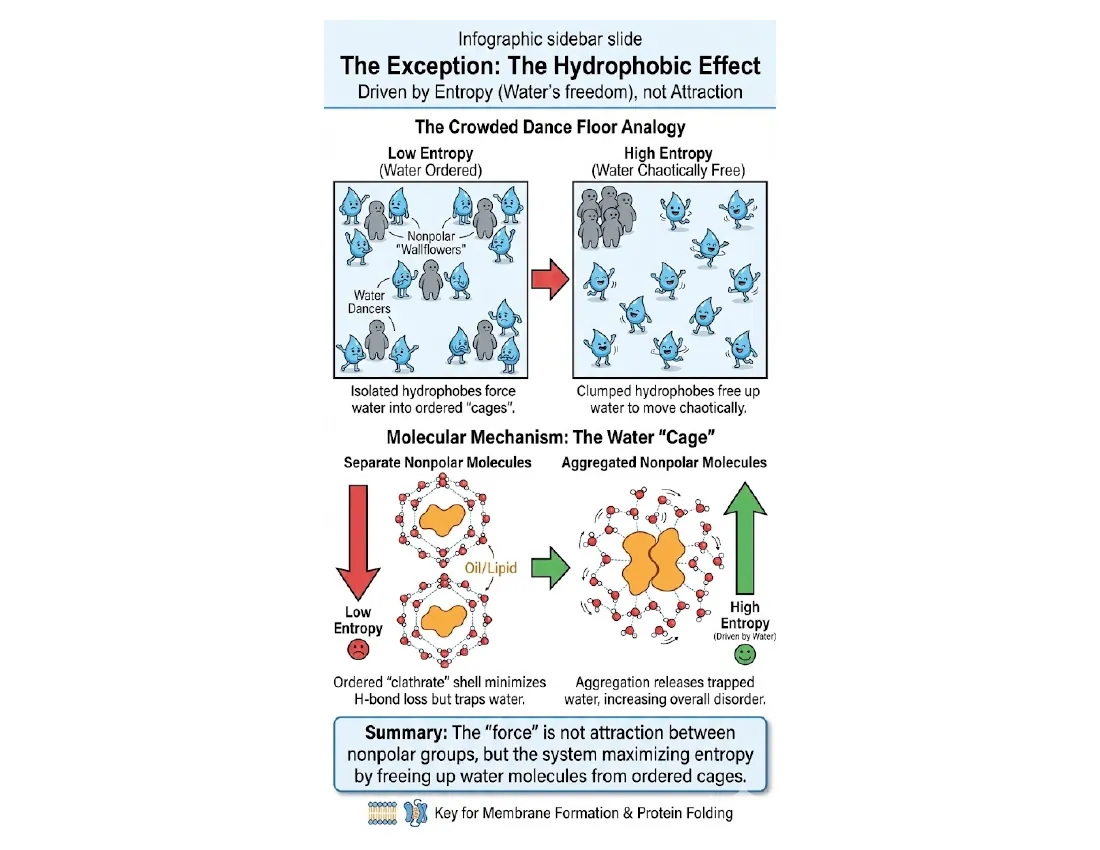 An analogy slide: scattered wallflowers (isolated nonpolar molecules) force the crowd to navigate around them; pushing the wallflowers into a corner frees the dance floor — the entropy gain that drives hydrophobic clustering.