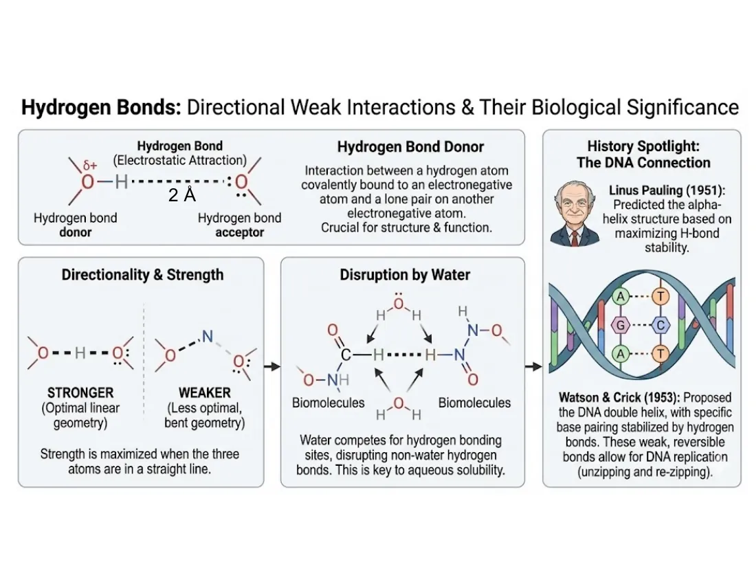 A diagram of a hydrogen bond between a donor (O–H or N–H) and an acceptor lone pair, noting that linear geometry is strongest and that water competes for H-bond sites, with callouts to Pauling's helix and Watson-Crick base pairing.