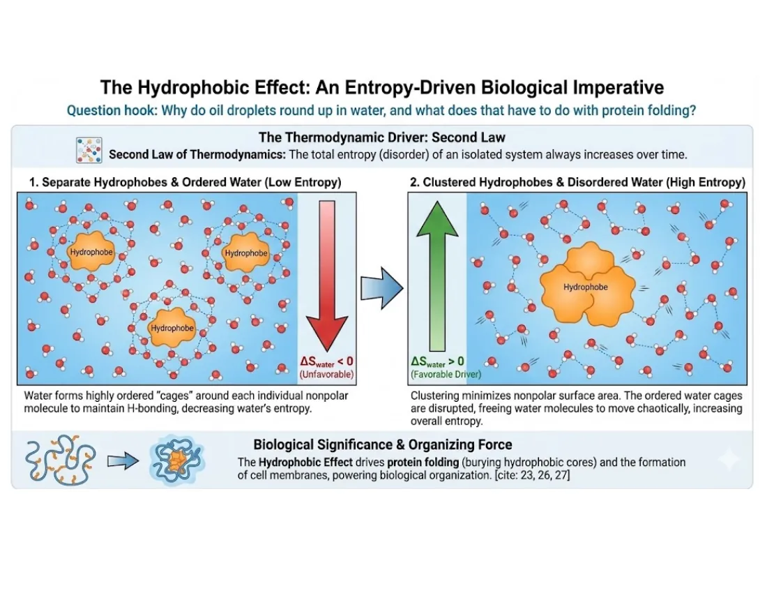 Two panels contrasting isolated hydrophobes surrounded by ordered, low-entropy water cages with clustered hydrophobes that release water into a disordered, high-entropy state, framed by ΔG = ΔH − TΔS.