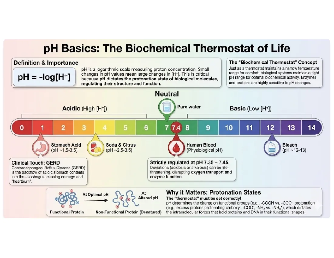 A pH scale from 0 to 14 with biological landmarks (stomach, blood, pure water) and clinical examples, framing pH as the logarithmic master dial that sets protonation, charge, and weak interactions.