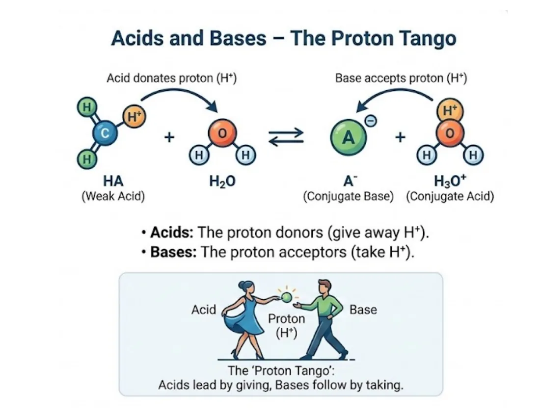 A diagram of the Brønsted-Lowry definition: a weak acid HA donates a proton to water, forming its conjugate base A⁻ and hydronium, with acids as proton donors and bases as proton acceptors.