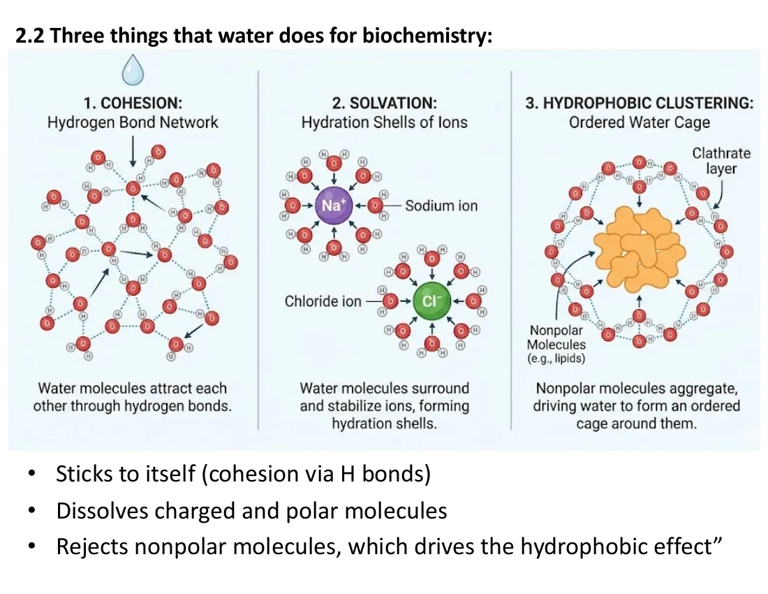 Three panels: water's hydrogen-bonded network (cohesion), hydration shells around sodium and chloride ions (solvation), and ordered clathrate water around nonpolar molecules driving the hydrophobic effect.