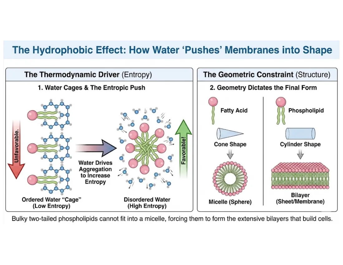 A schematic showing molecular geometry dictating assembly: cone-shaped single-tailed amphiphiles form micelles, while cylindrical two-tailed phospholipids form self-sealing bilayers, all driven by the entropic hydrophobic effect.